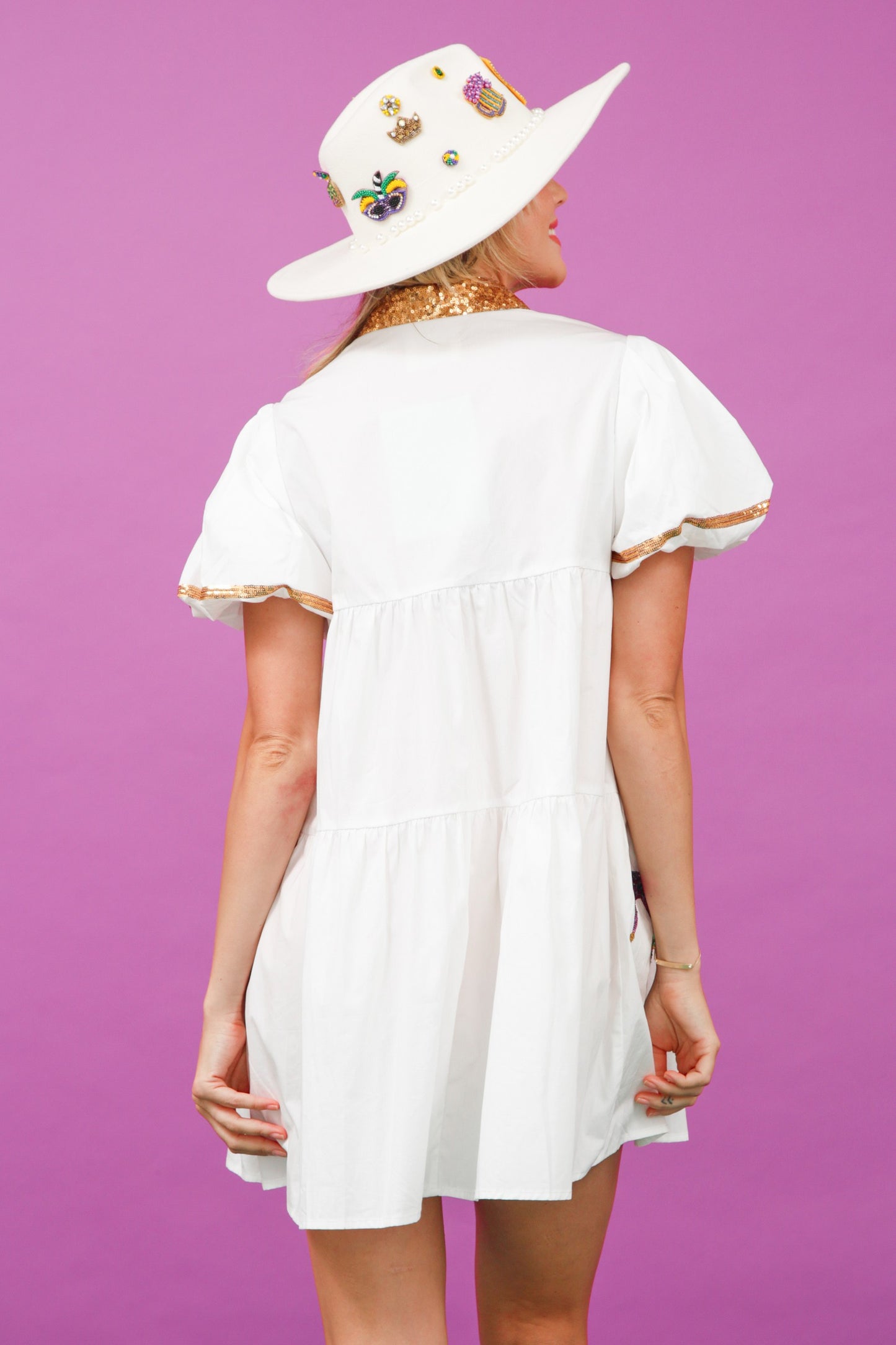 Sequin Mardi Gras Mask Poplin Shirt Dress