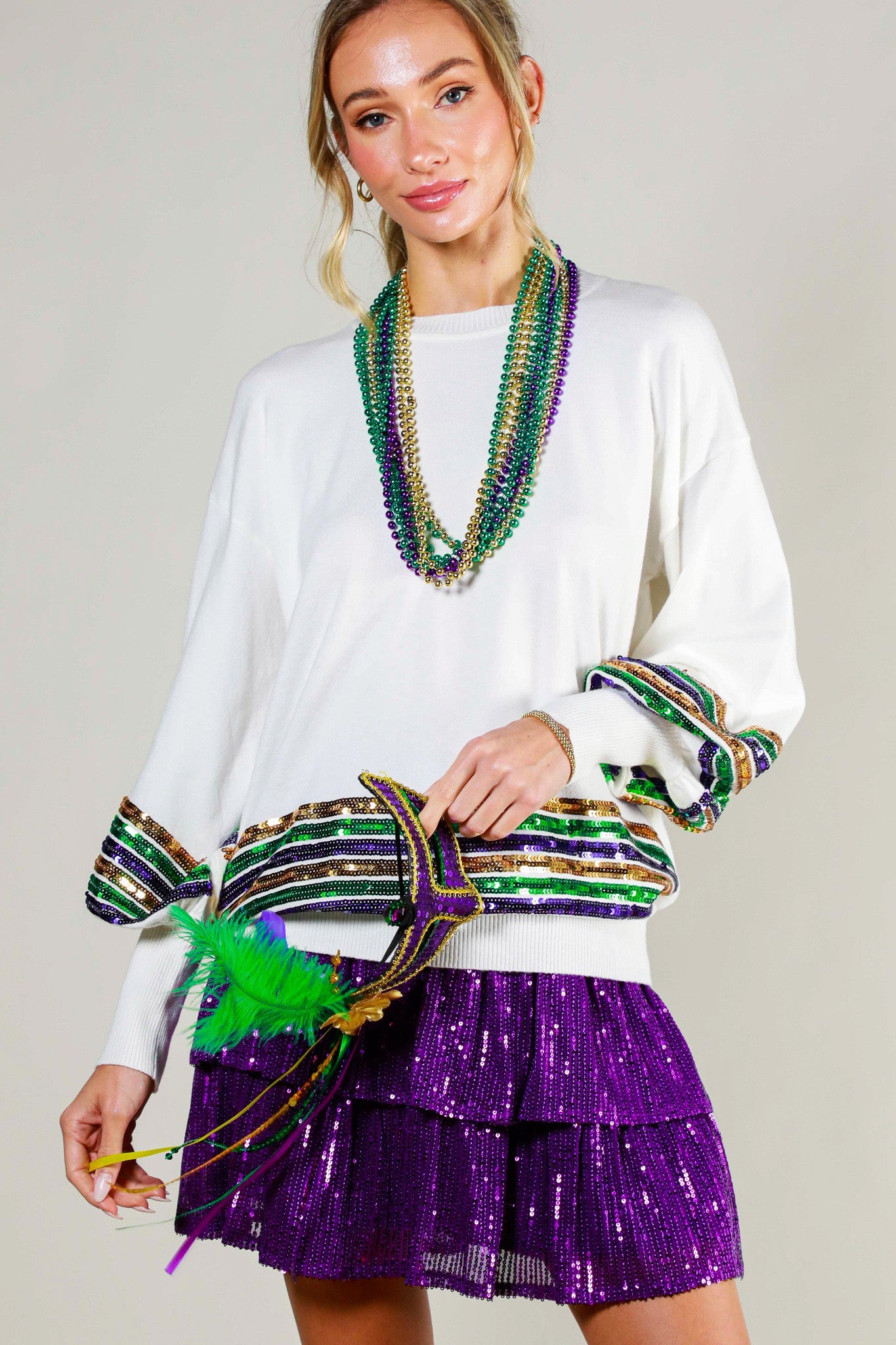 SEQUIN TRIM DETAIL MARDI GRAS SWEATER TOP