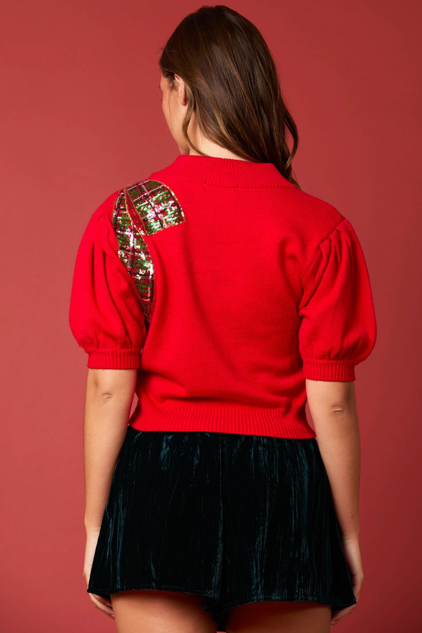 Christmas Plaid Sequins Bow Embroidery Sweater