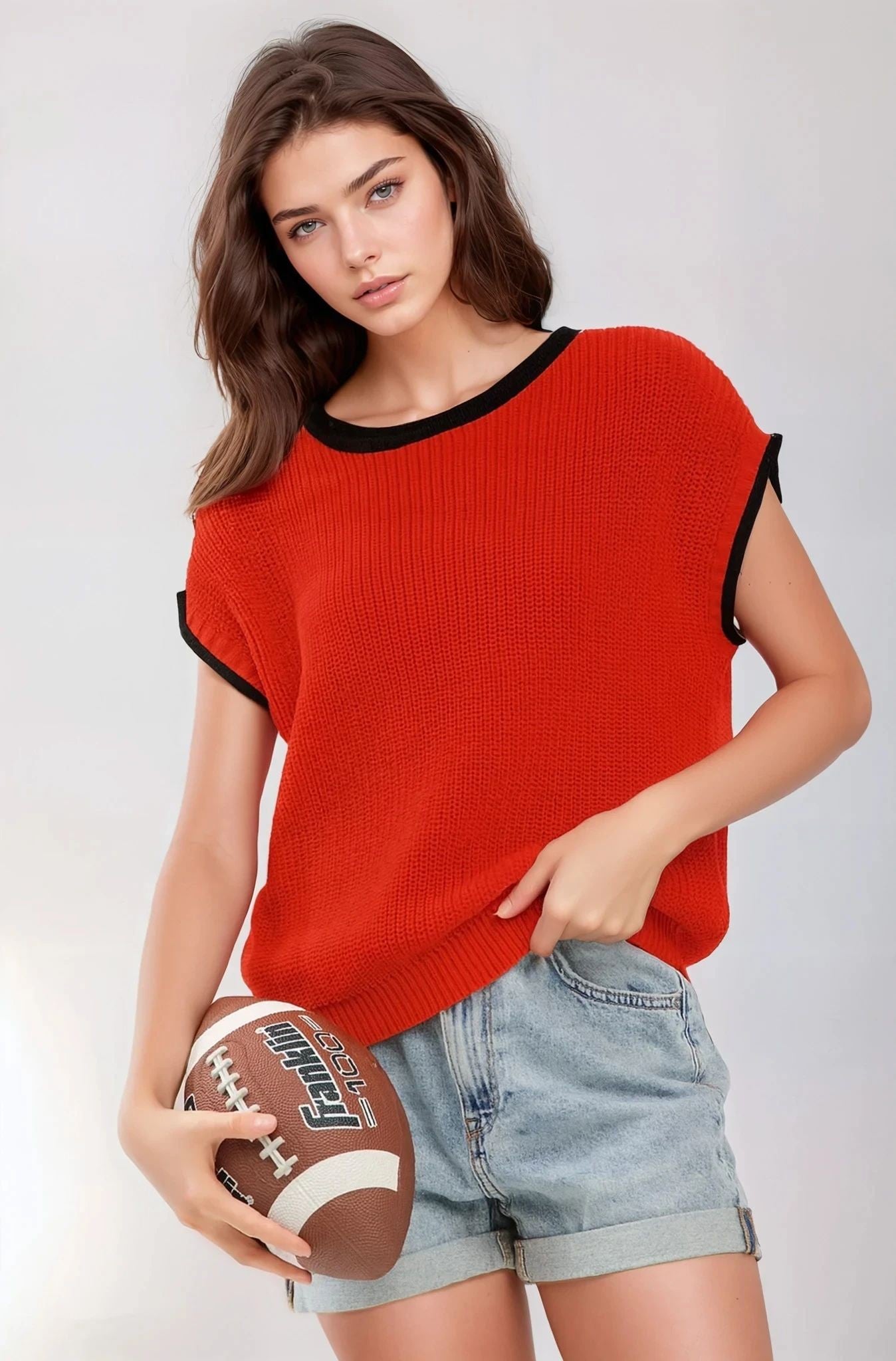 Rolled Contrast Sleeve Game Day Knit Top