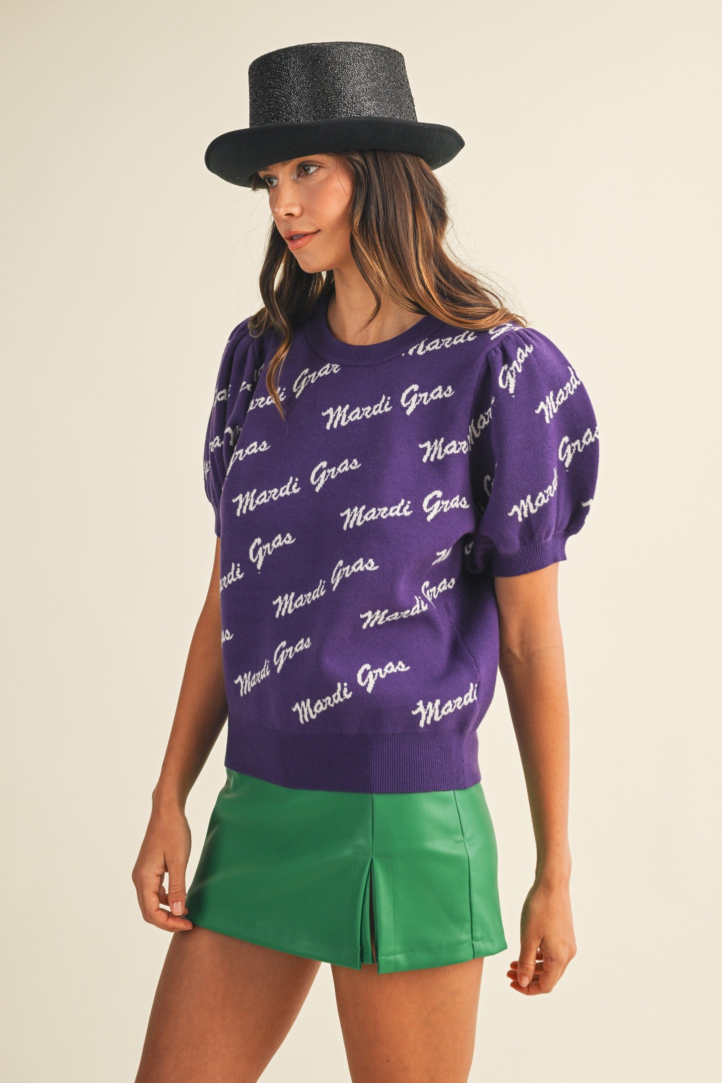 Wordy- Mardi Gras Lettering Short Puff Sleeve Sweater