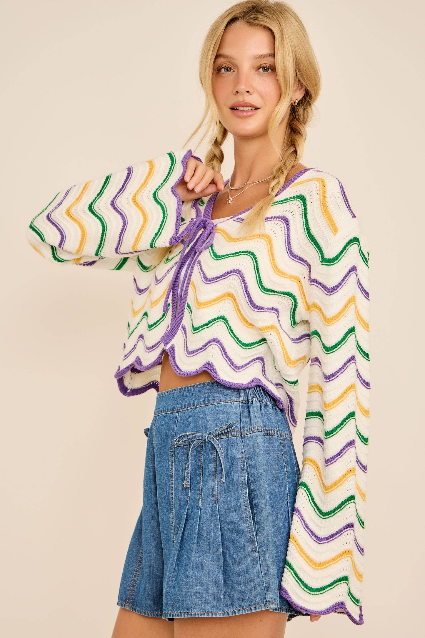 IRIS- Mardi Gras Wave Stripe Tie Cardigan – Festive Knit