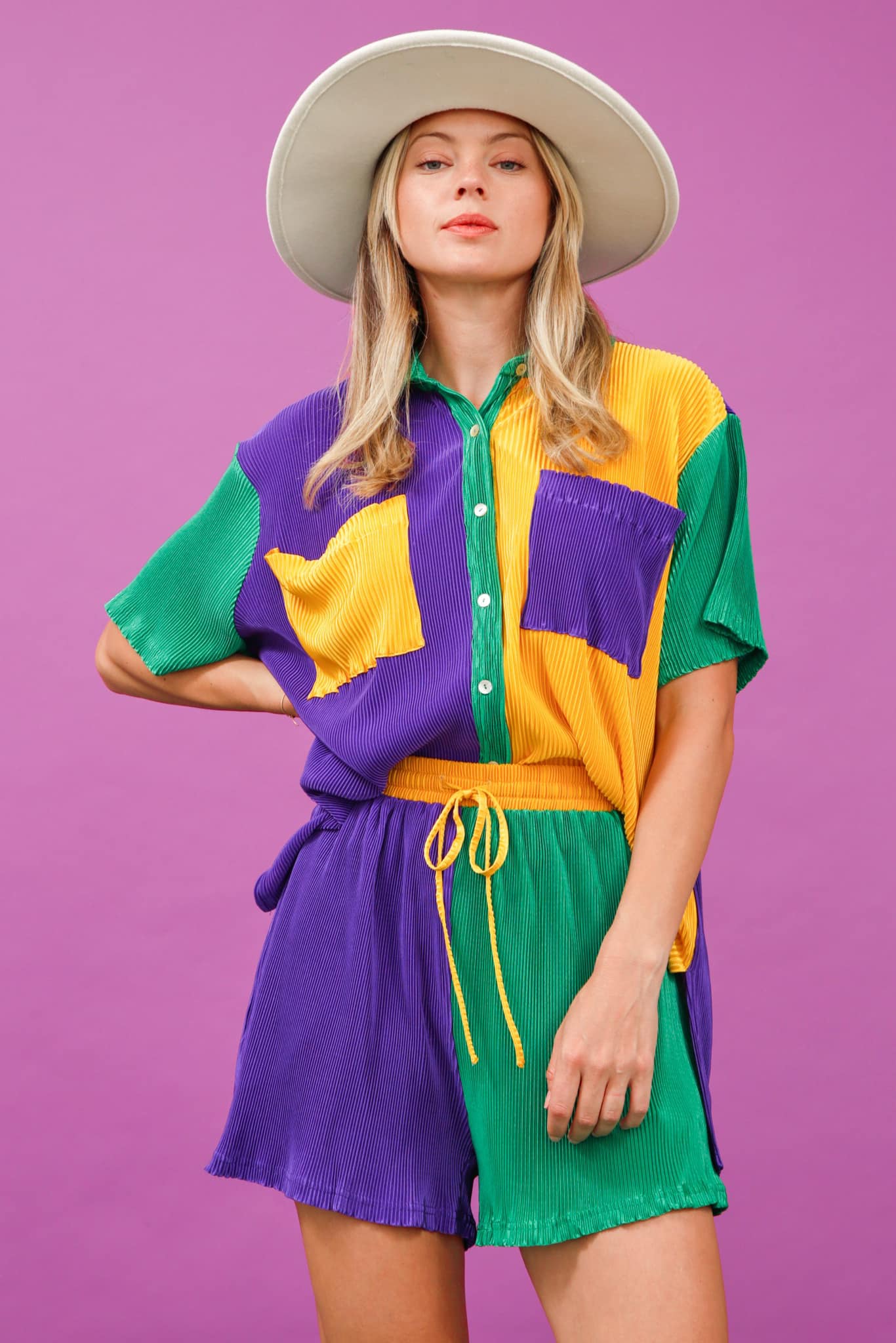 Mardi Gras Button- Up Color Block Shirt