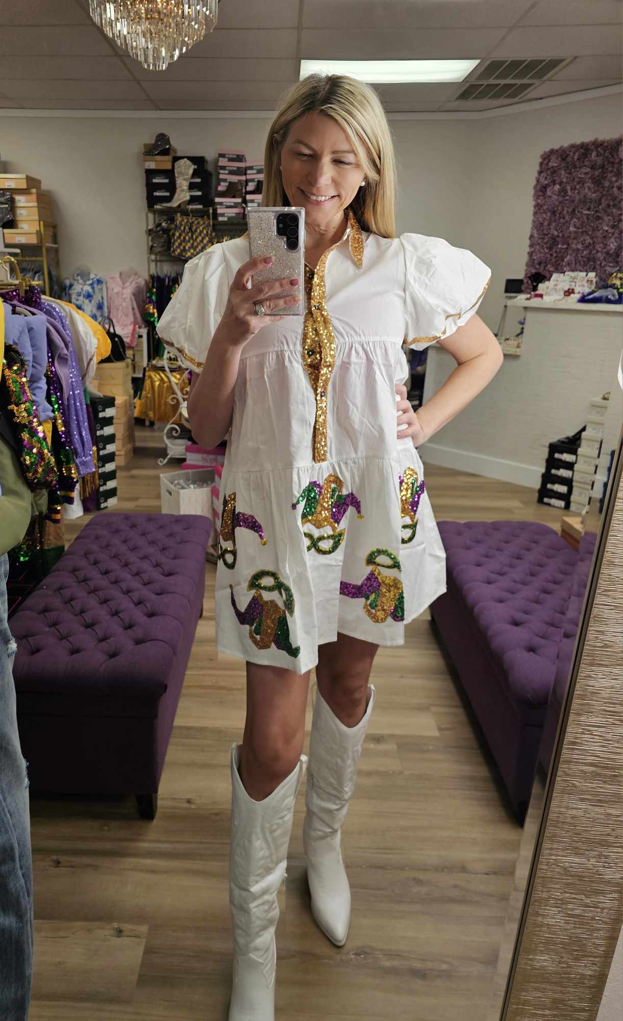 Sequin Mardi Gras Mask Poplin Shirt Dress