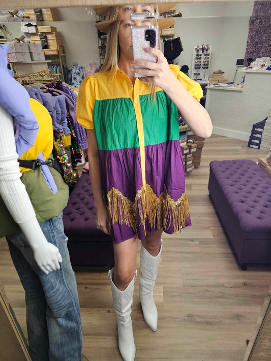 Color Block Mardi Gras Dress With Foil Fringe