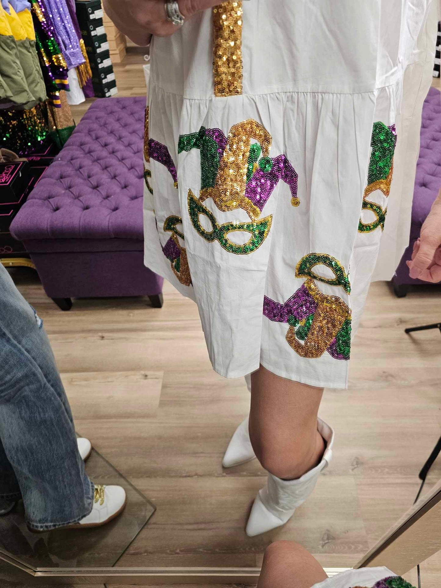 Sequin Mardi Gras Mask Poplin Shirt Dress