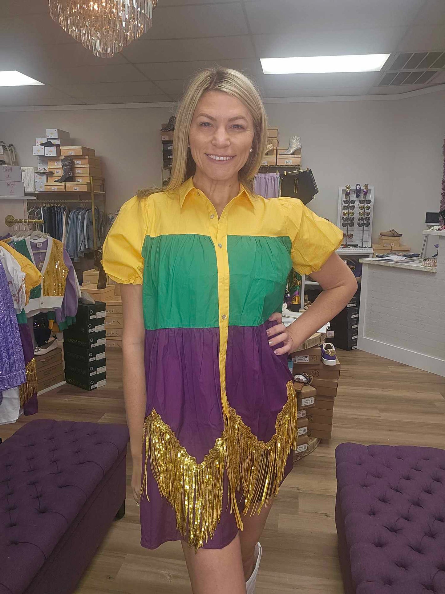 Color Block Mardi Gras Dress With Foil Fringe