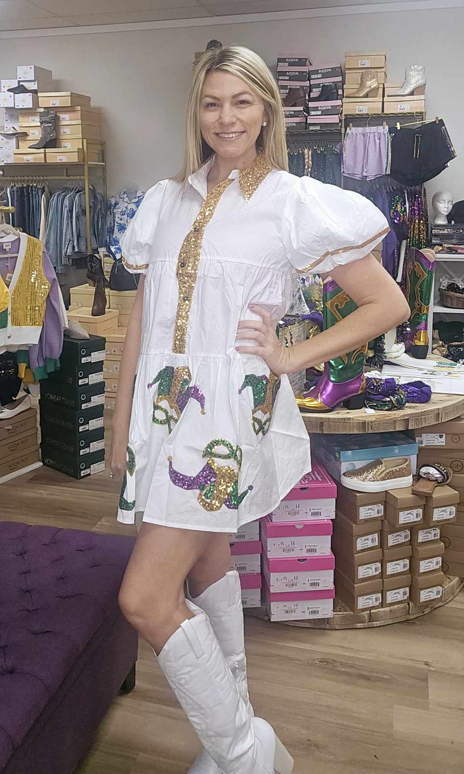 Sequin Mardi Gras Mask Poplin Shirt Dress