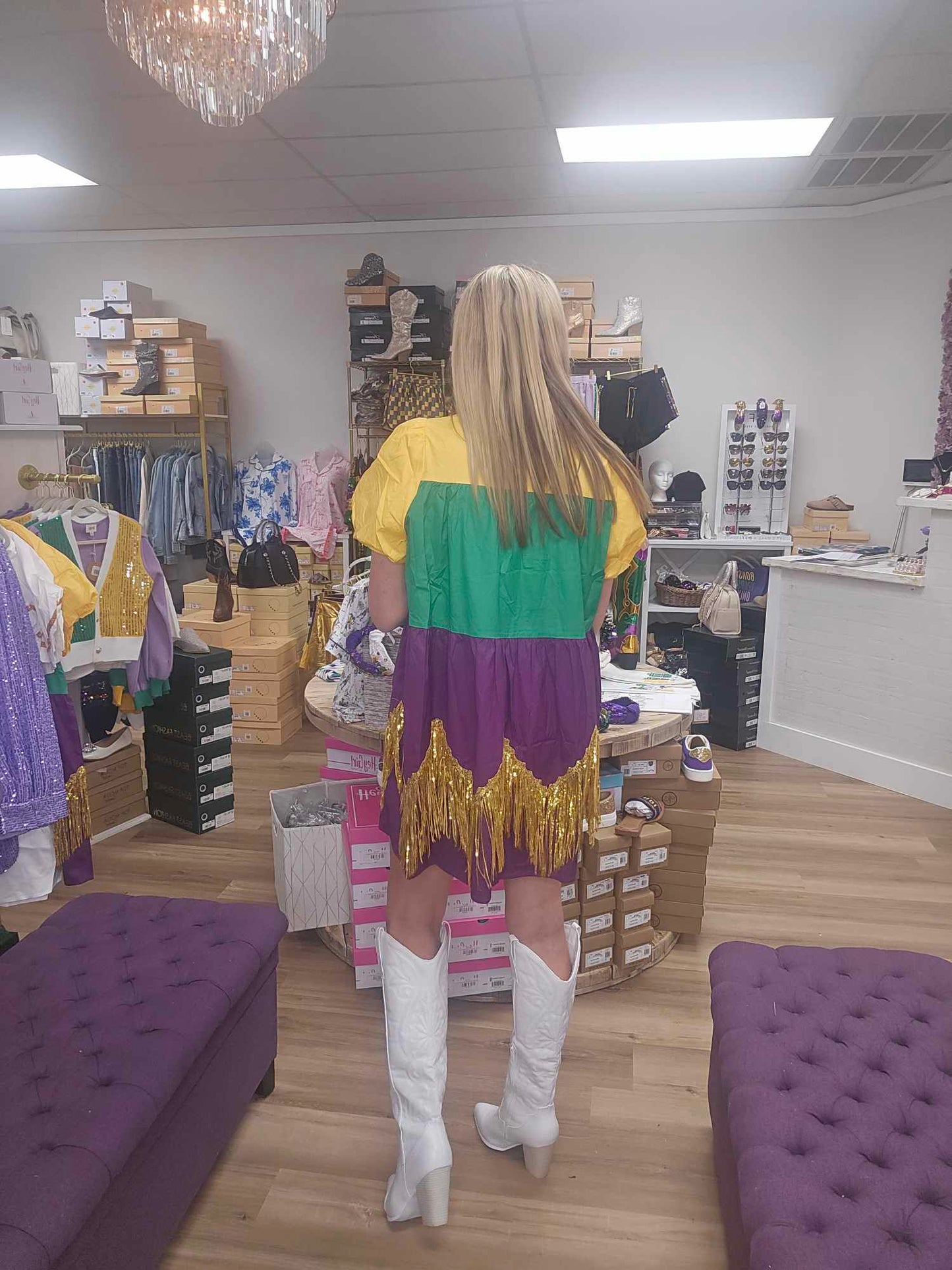 Color Block Mardi Gras Dress With Foil Fringe