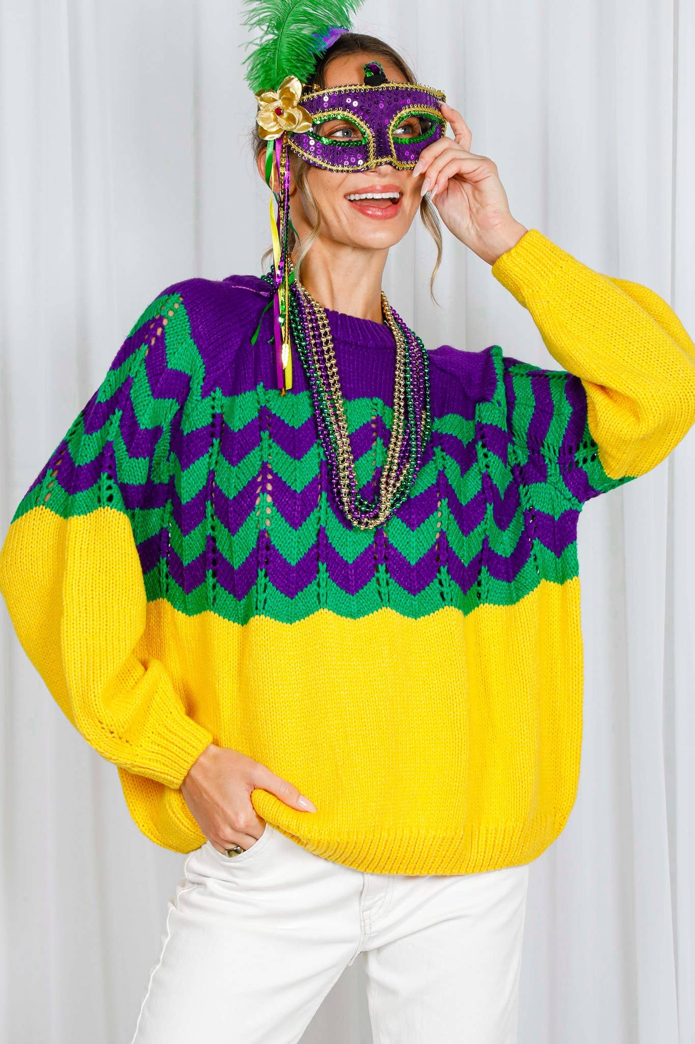 Holiday- Fair Isle Accent Mardi Gras Knitted Sweater