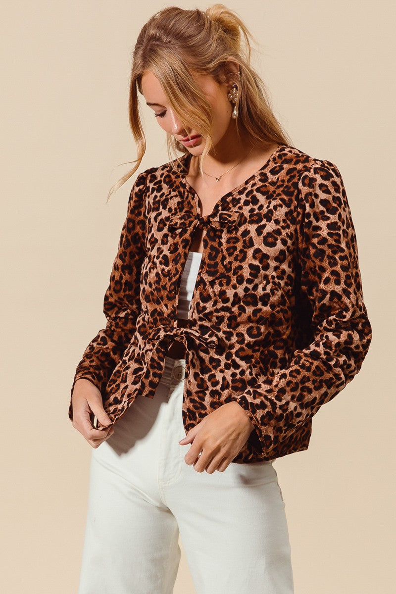 Elle- Quilted Leopard Bow Tie Front Jacket