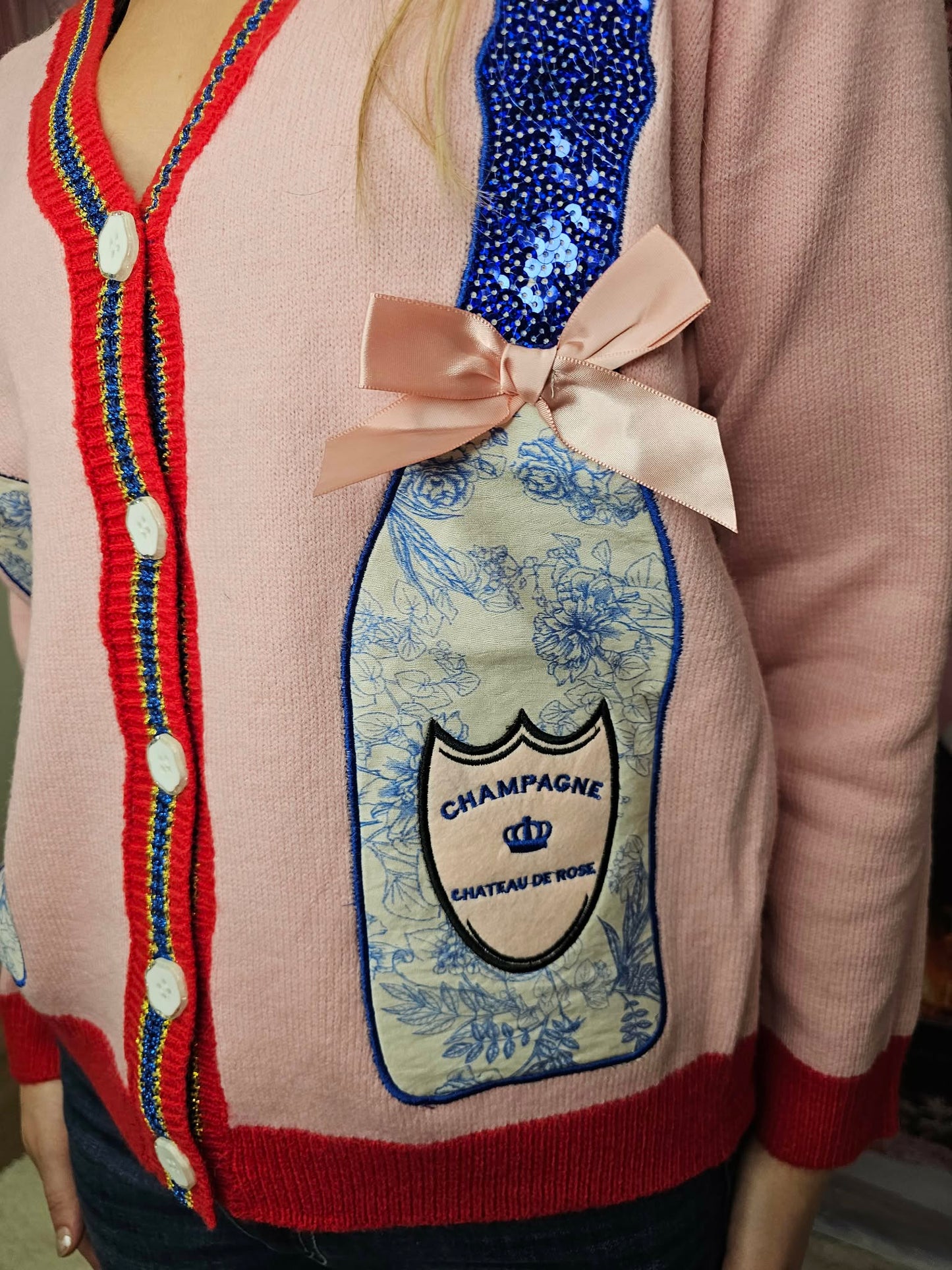 Pink Cardigan with Champagne Bottle Patches