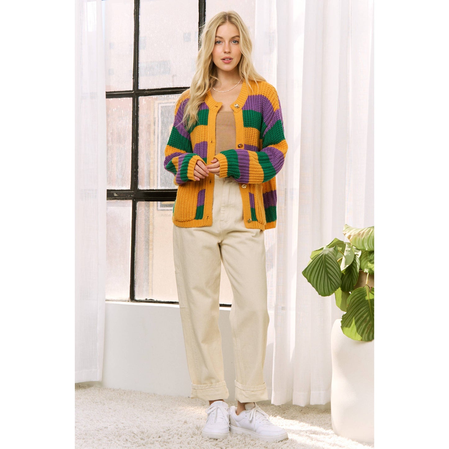 Krewe of Chaos- MARDI GRAS STRIPED CARDIGAN