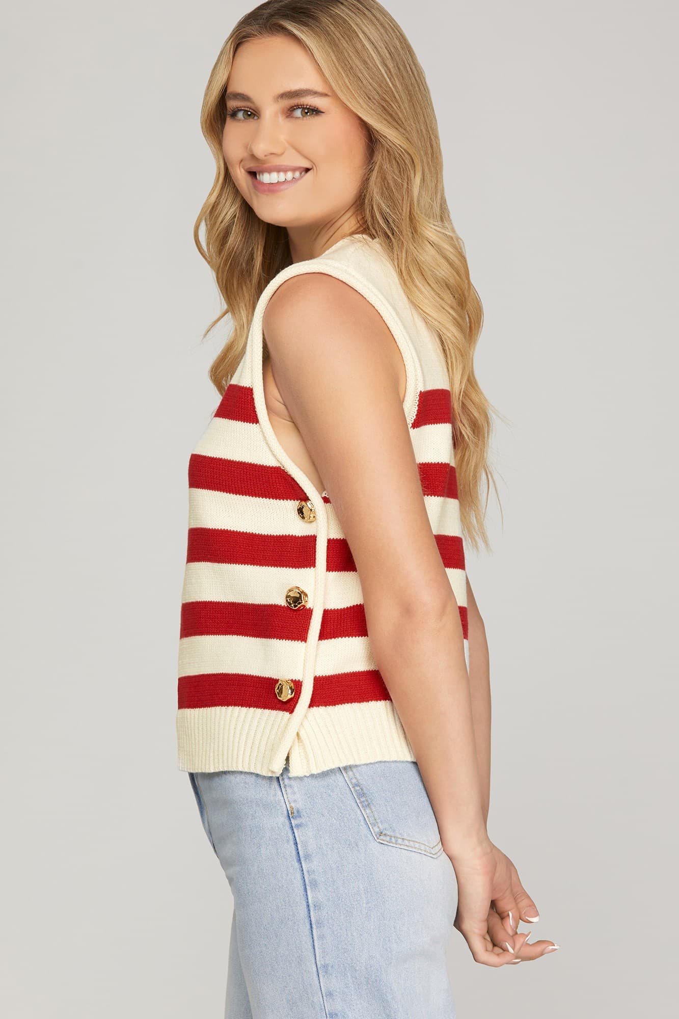 Merrill~ thick stripe top with gold button accents