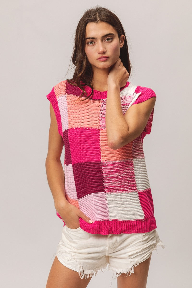Spring Color Block Lightweight Sweater Vest- Fuchsia