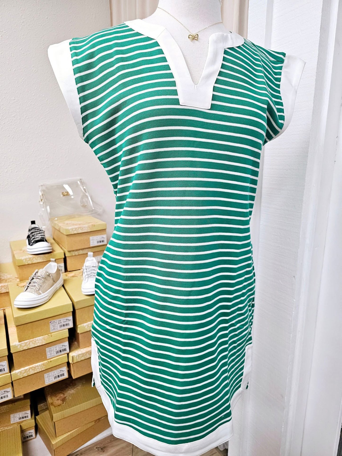 Marsha- Kelly/White Striped Dress with pockets