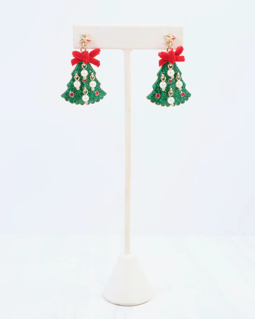 Christmas Tree Earring with Bow and Pearls