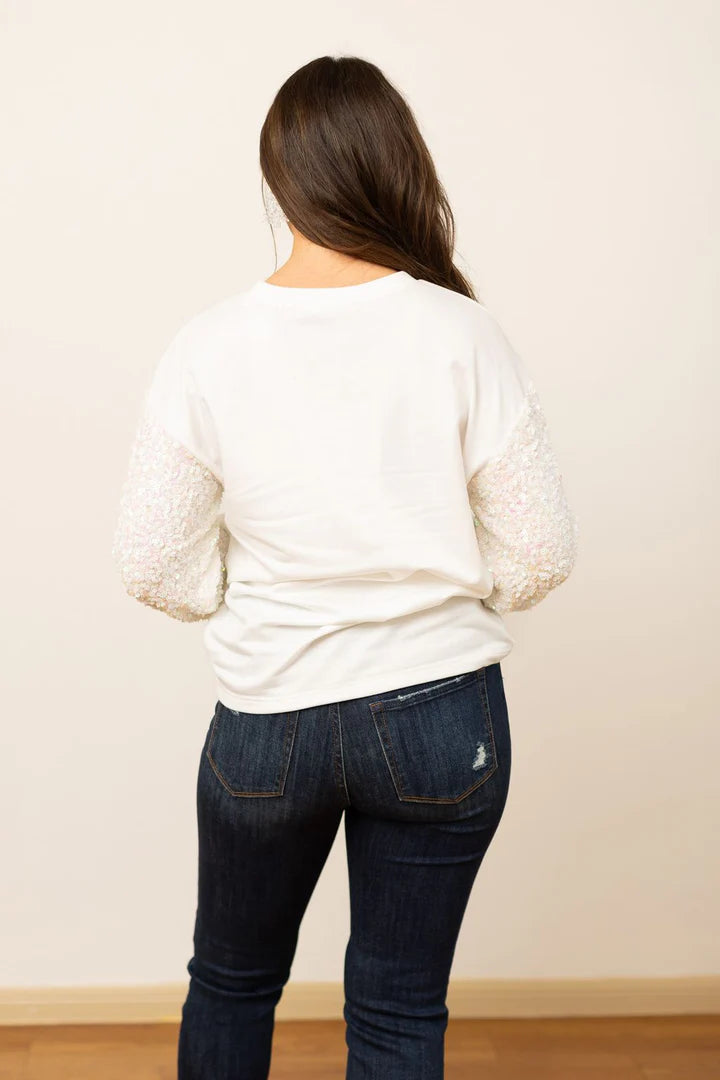 Merry White Sequin Sleeves Sweatshirt
