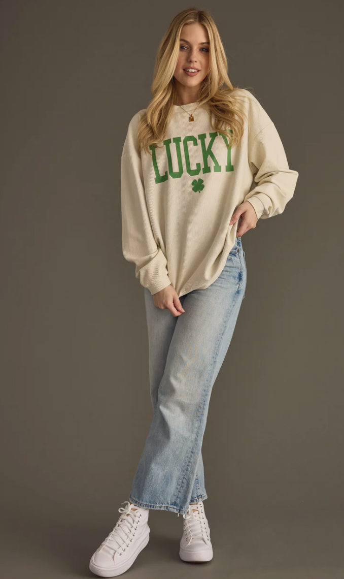 Lucky One- Beige Ribbed Sweatshirt