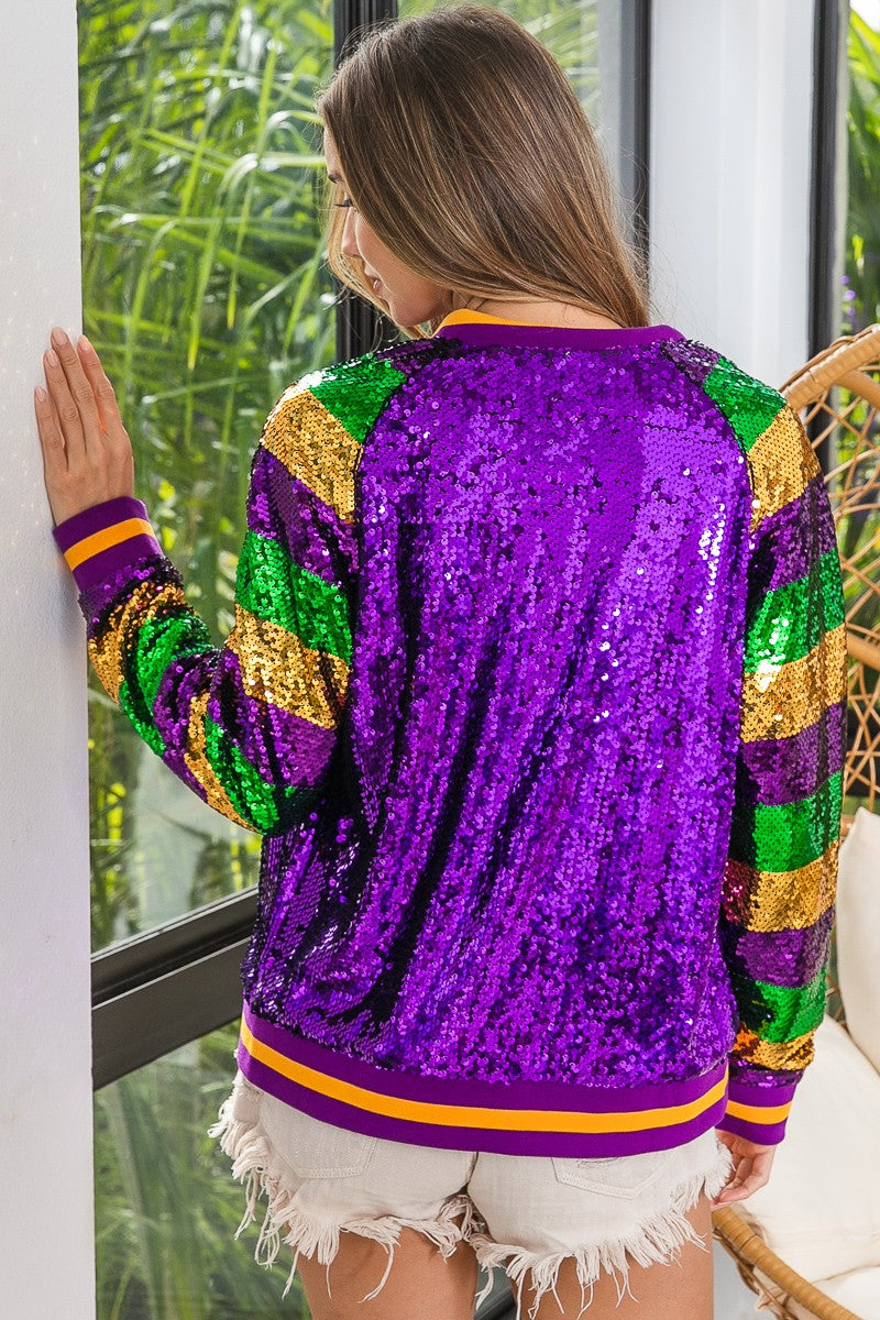 MARDI GRAS COLOR BLOCK SEQUIN BOMBER JACKET