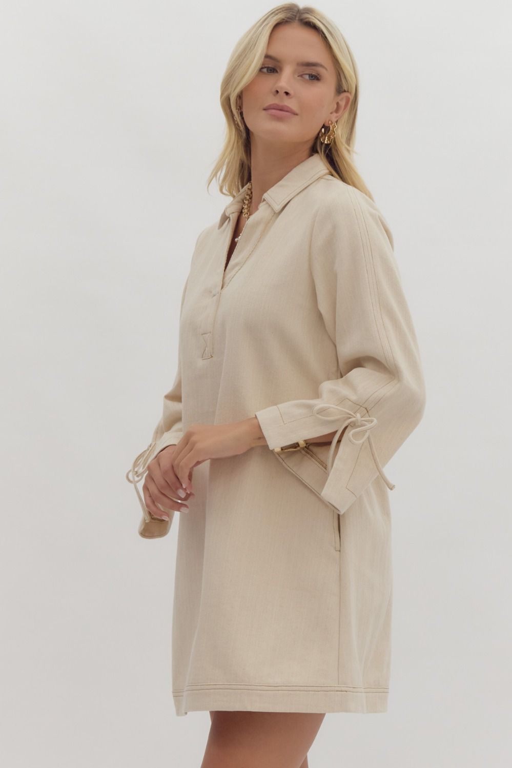 Denim Long Sleeve Pullover Dress - Sand