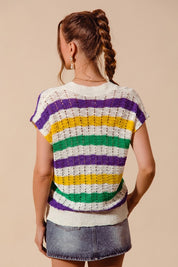 Mardi Gras Stripe Open Knit Lightweight Top