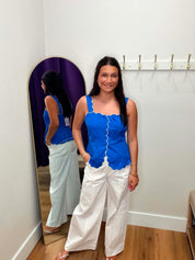Scallop Trim Square Neckline Sleeveless Top