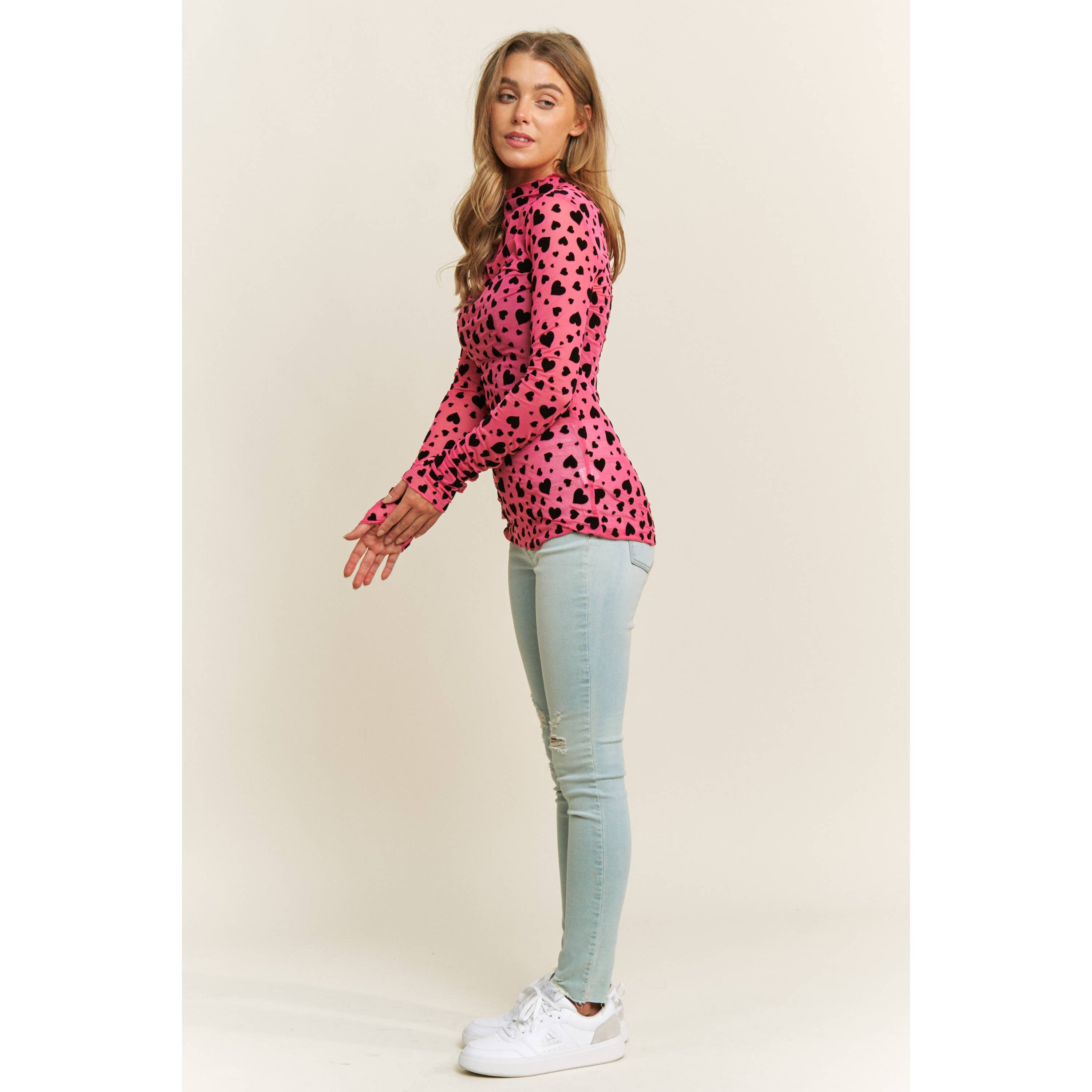 MESH HEART FLOCKING HIGH NECK DESIGN LONG SLEEVE FITTED TOP