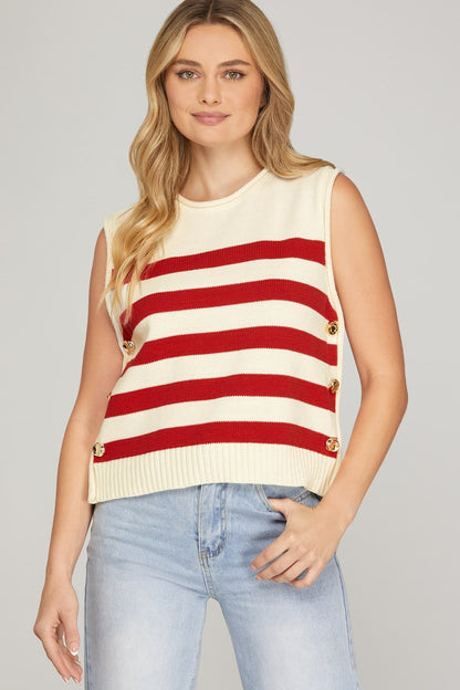 Merrill~ thick stripe top with gold button accents