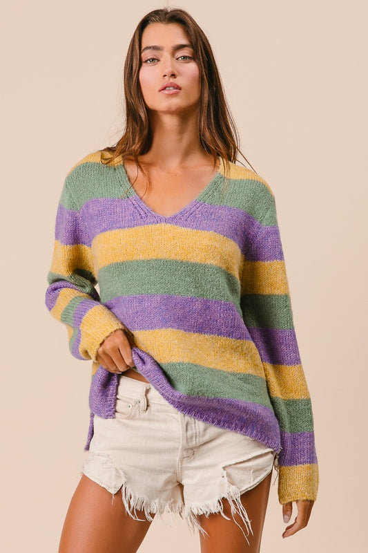 MARDI GRAS STRIPES V-Neck SWEATER