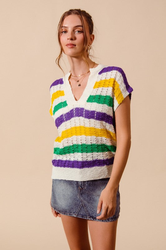 Mardi Gras Stripe Open Knit Lightweight Top