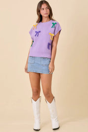 Mardi Gras Ribbon Bow Knit Top - FINAL SALE