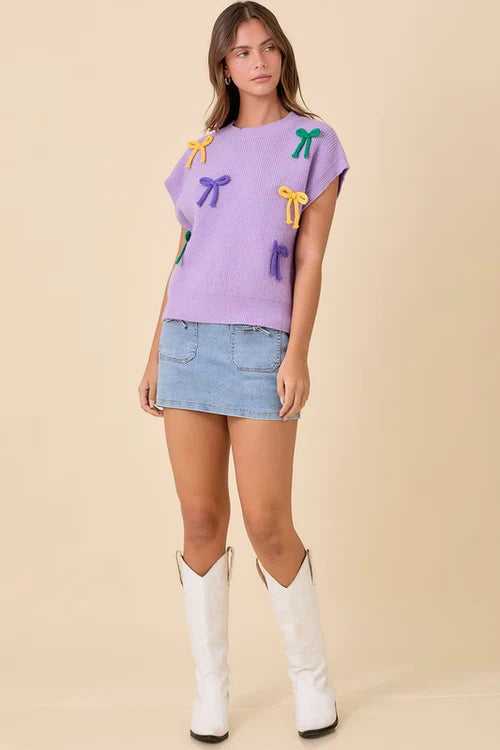 Mardi Gras Ribbon Bow Knit Top - FINAL SALE