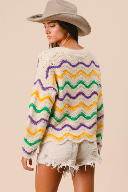 MARDI GRAS WAVY STRIPES V-NECK SWEATER