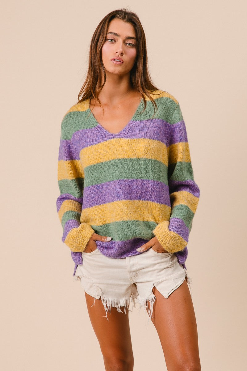 MARDI GRAS STRIPES V-Neck SWEATER