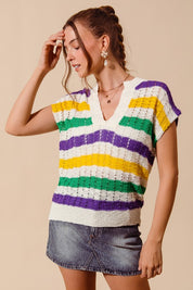 Mardi Gras Stripe Open Knit Lightweight Top