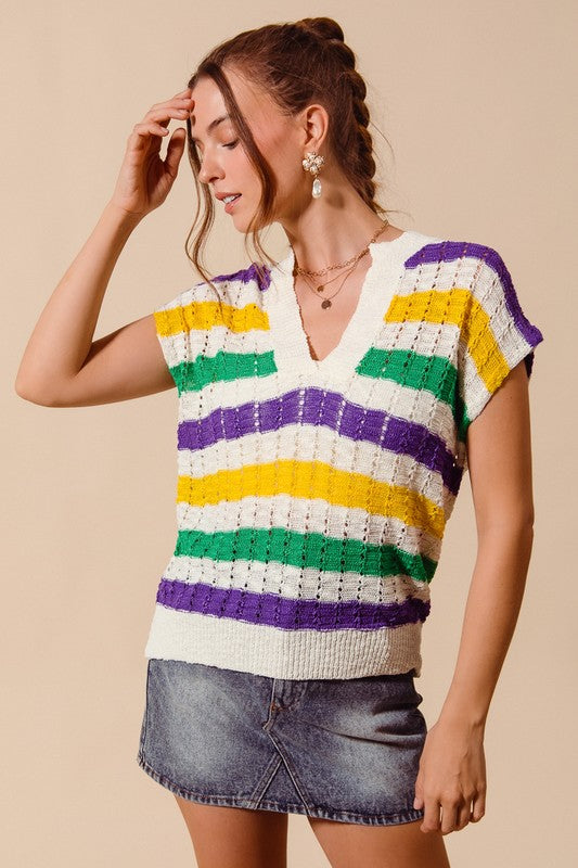 Mardi Gras Stripe Open Knit Lightweight Top