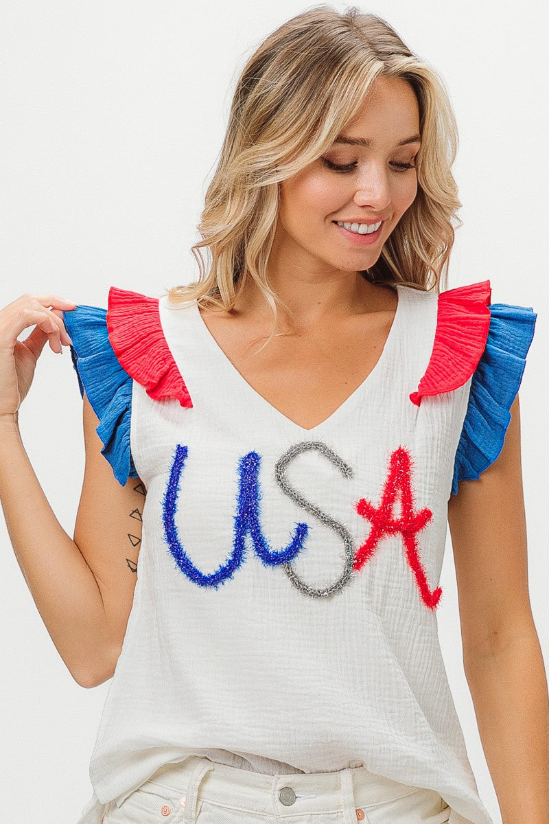 USA Tinsel Flutter Sleeve Top