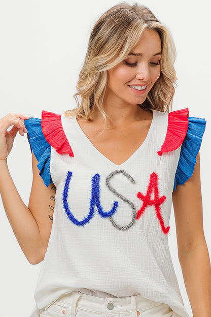 USA Tinsel Flutter Sleeve Top