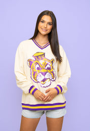LSU Vintage (Licensed) | Women's Sequin Design Varsity Stripe Pullover (Cream)