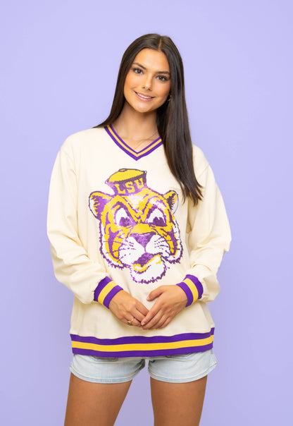 LSU Vintage (Licensed) | Women's Sequin Design Varsity Stripe Pullover (Cream)