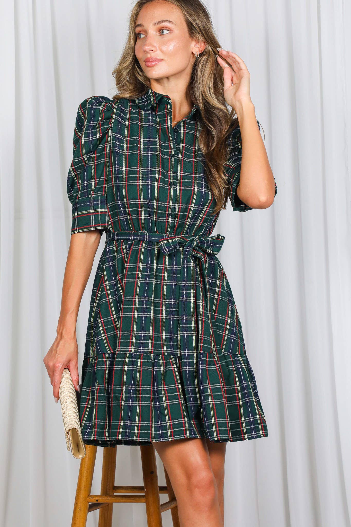 Plaid Short Puff Sleeve Mini Dress
