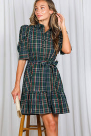 Plaid Short Puff Sleeve Mini Dress