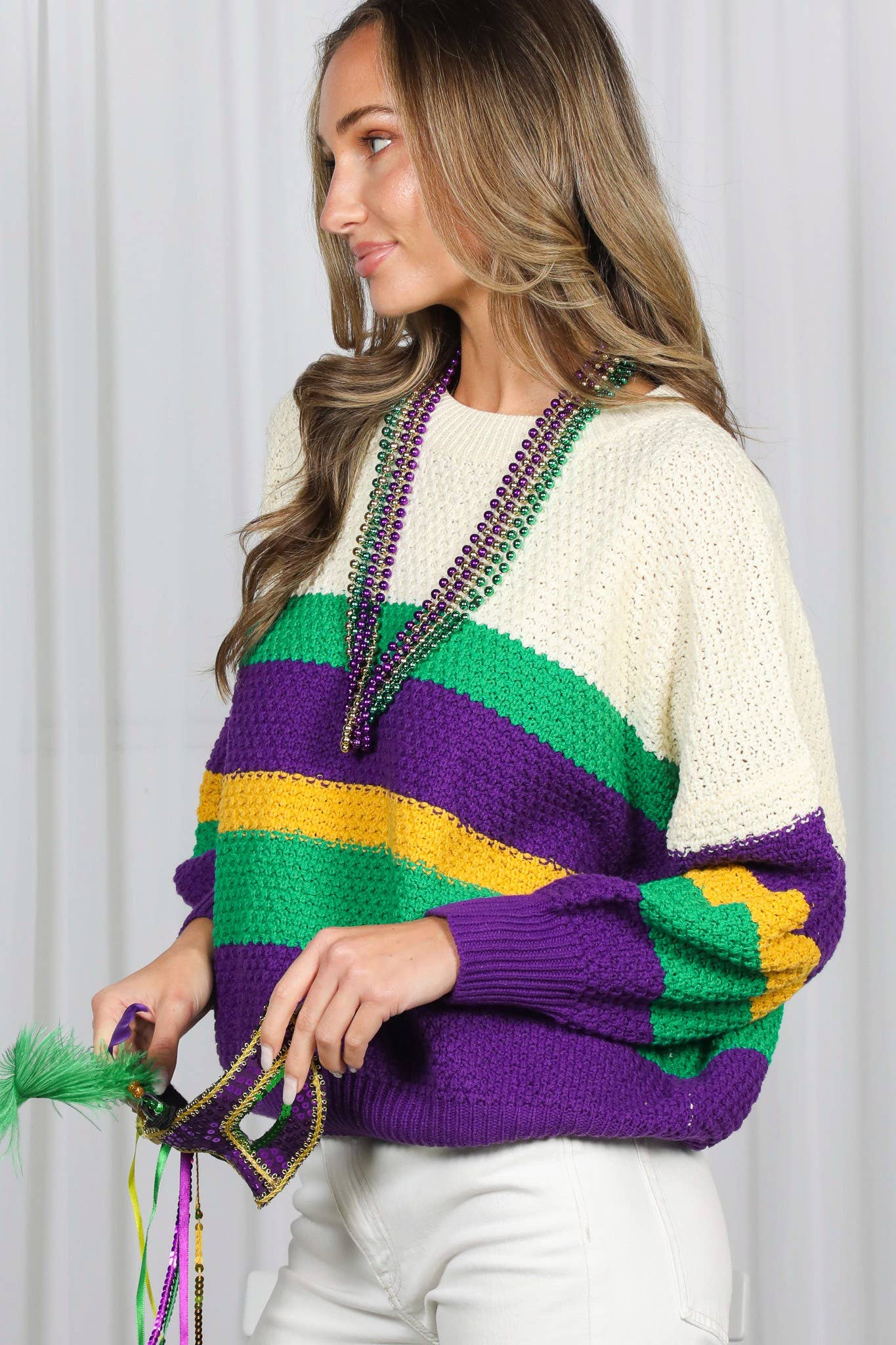 THOTH- Mardi Gras Multi Color Block Waffle Textured Sweater