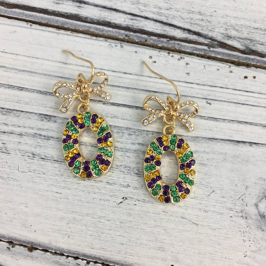 Mardi Gras stone bow king cake earrings
