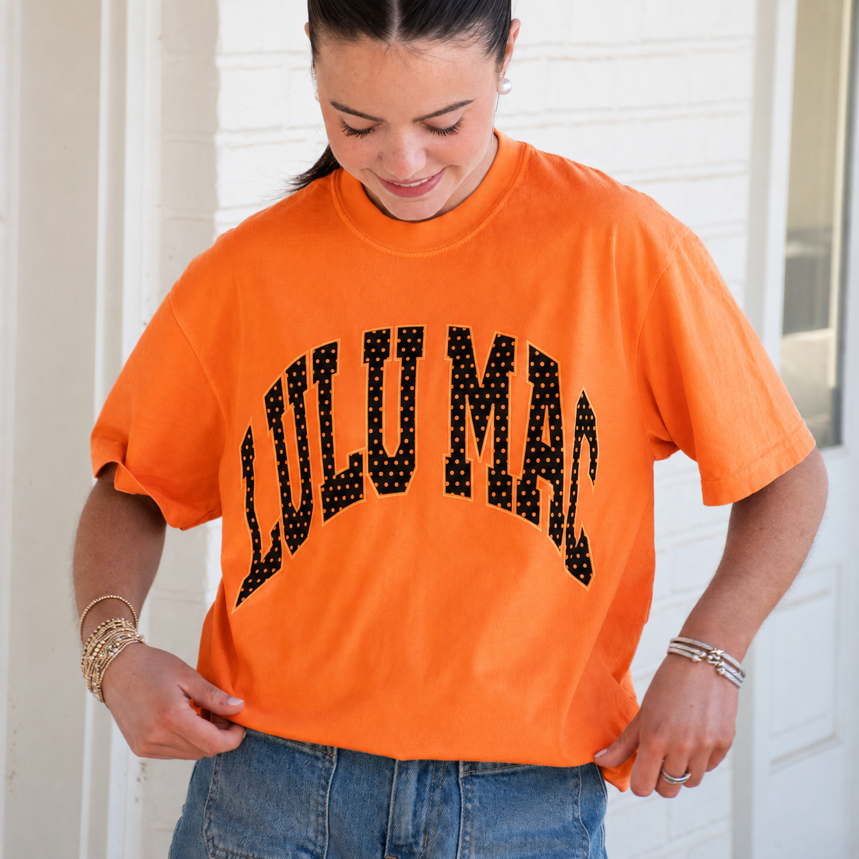 LULU MAC- Polka Dot Orange Comfort Colors Tee