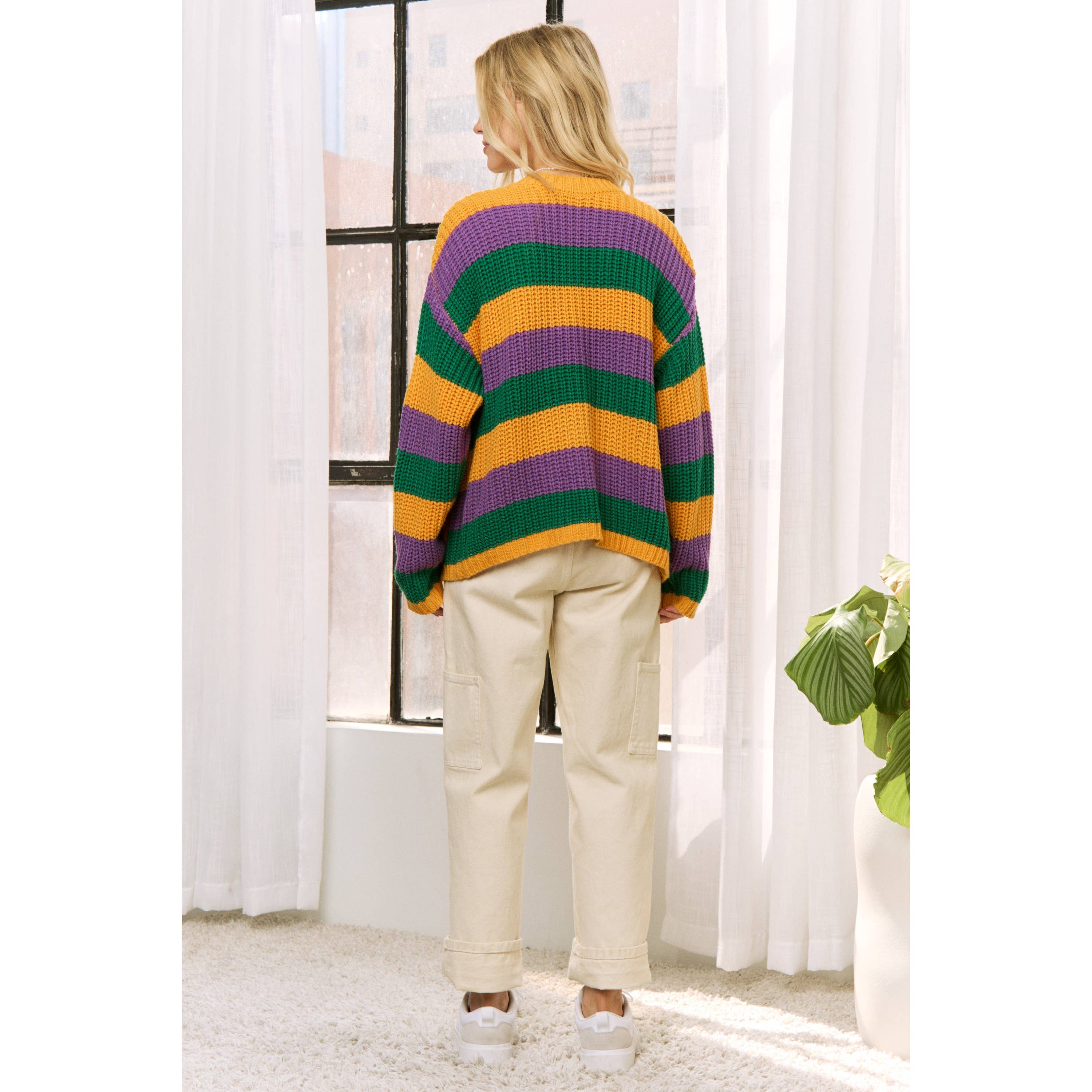 Krewe of Chaos- MARDI GRAS STRIPED CARDIGAN