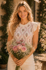 Floral Jacquard Ruffle Sleeve Knit Top