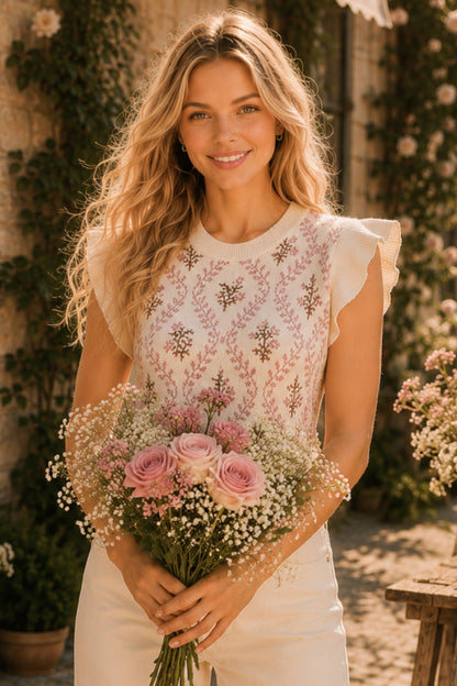 Floral Jacquard Ruffle Sleeve Knit Top