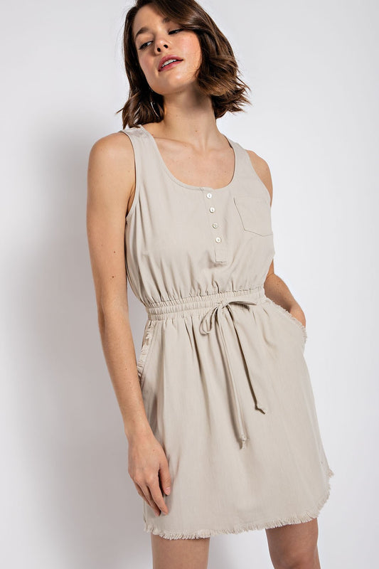 Frayed Hem Drawstring Waist Dress - SAND